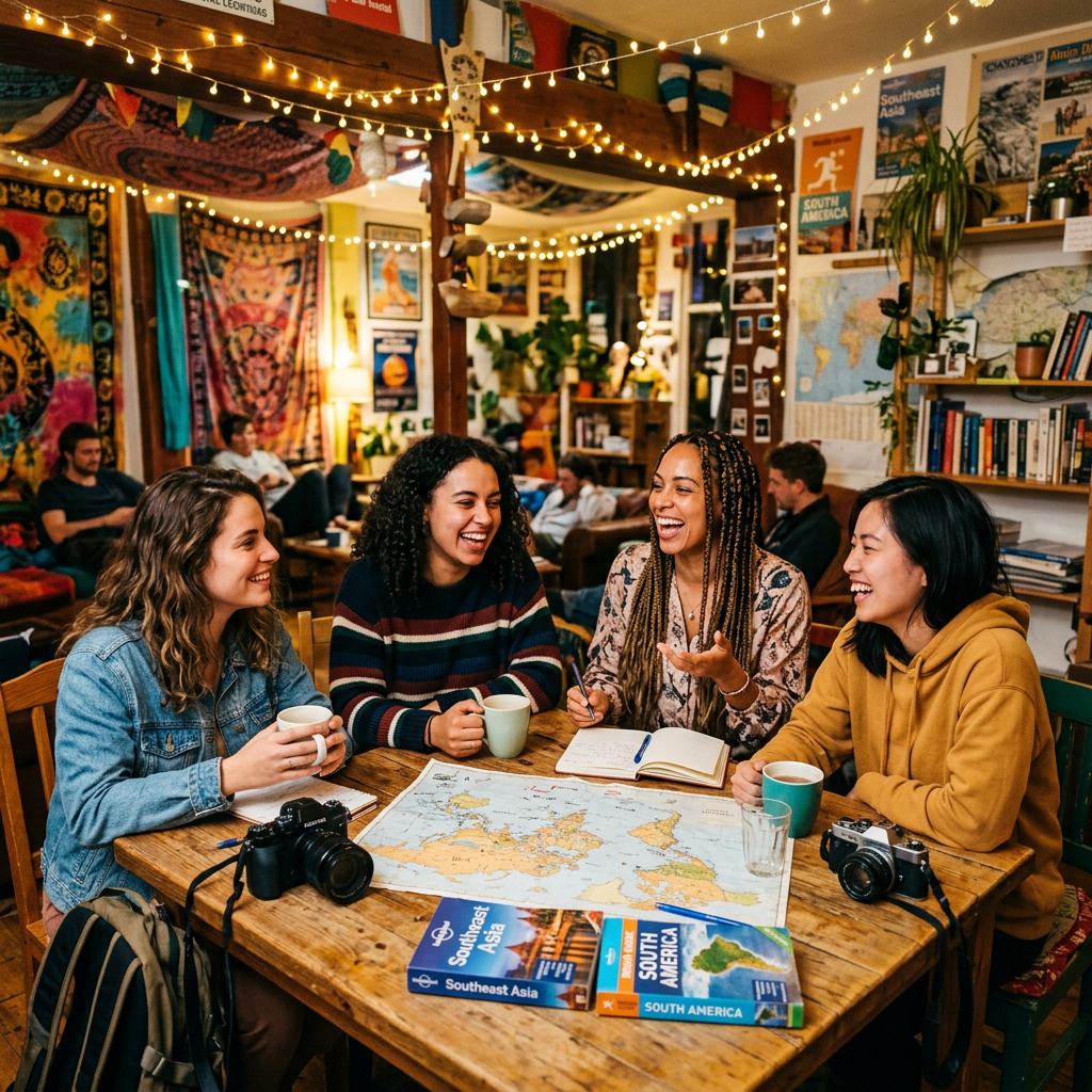 A group of women travelers laughing and bonding at a hostel