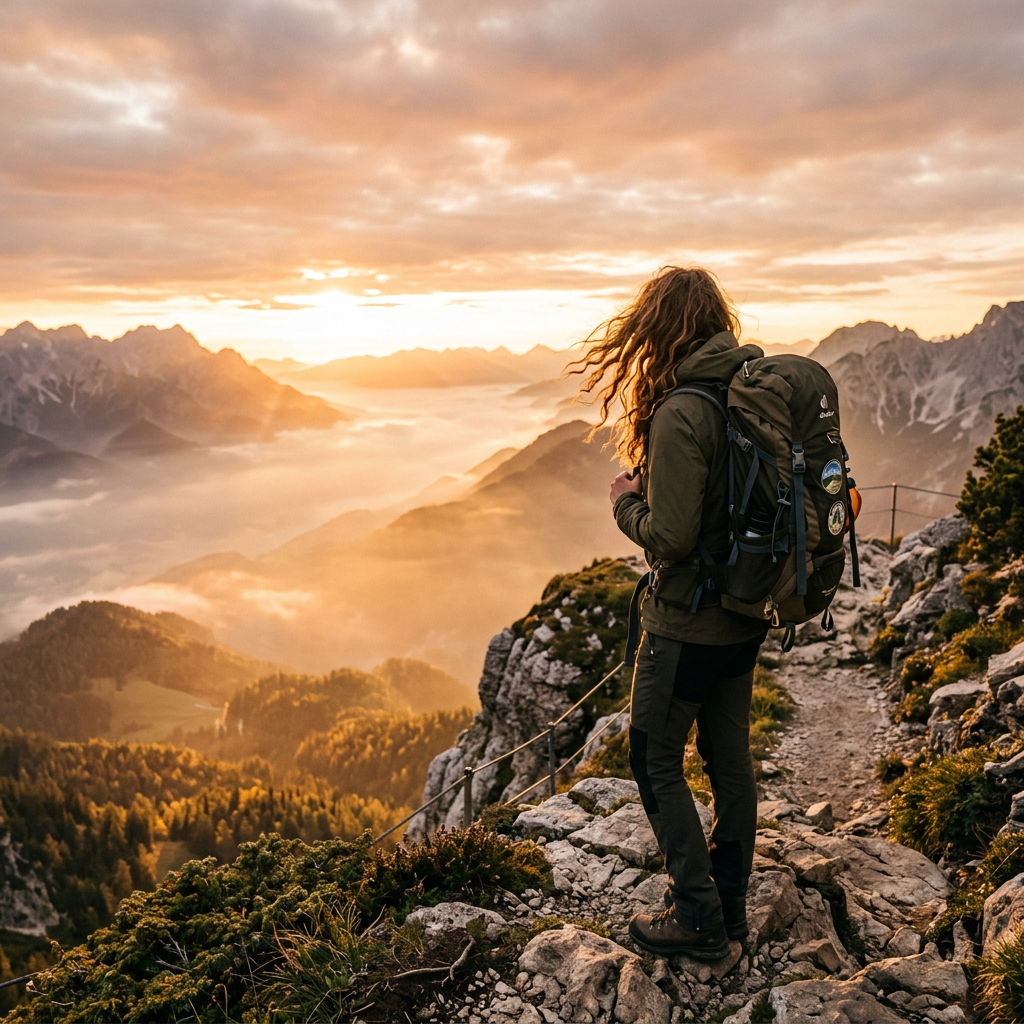 A solo woman traveler standing on a mountain overlook at golden hour