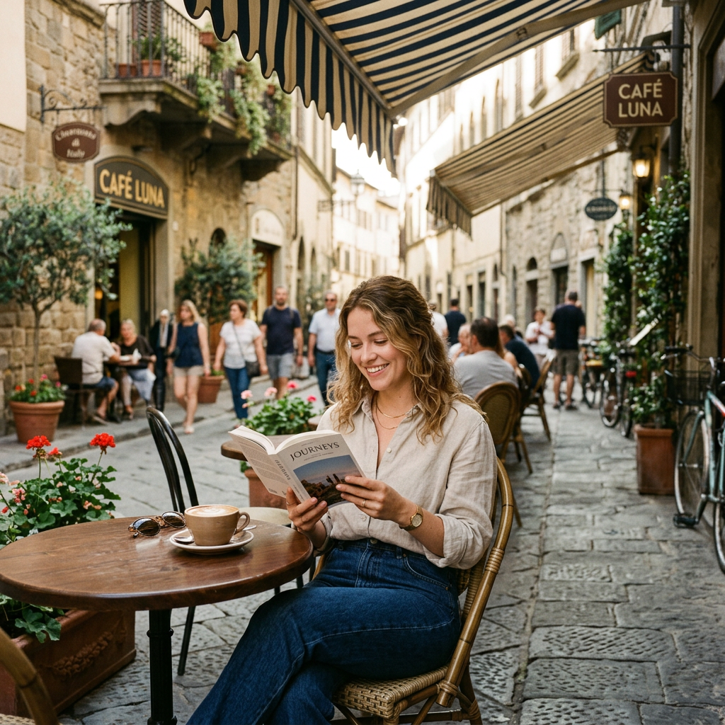 A woman enjoying a peaceful solo moment at an outdoor European café