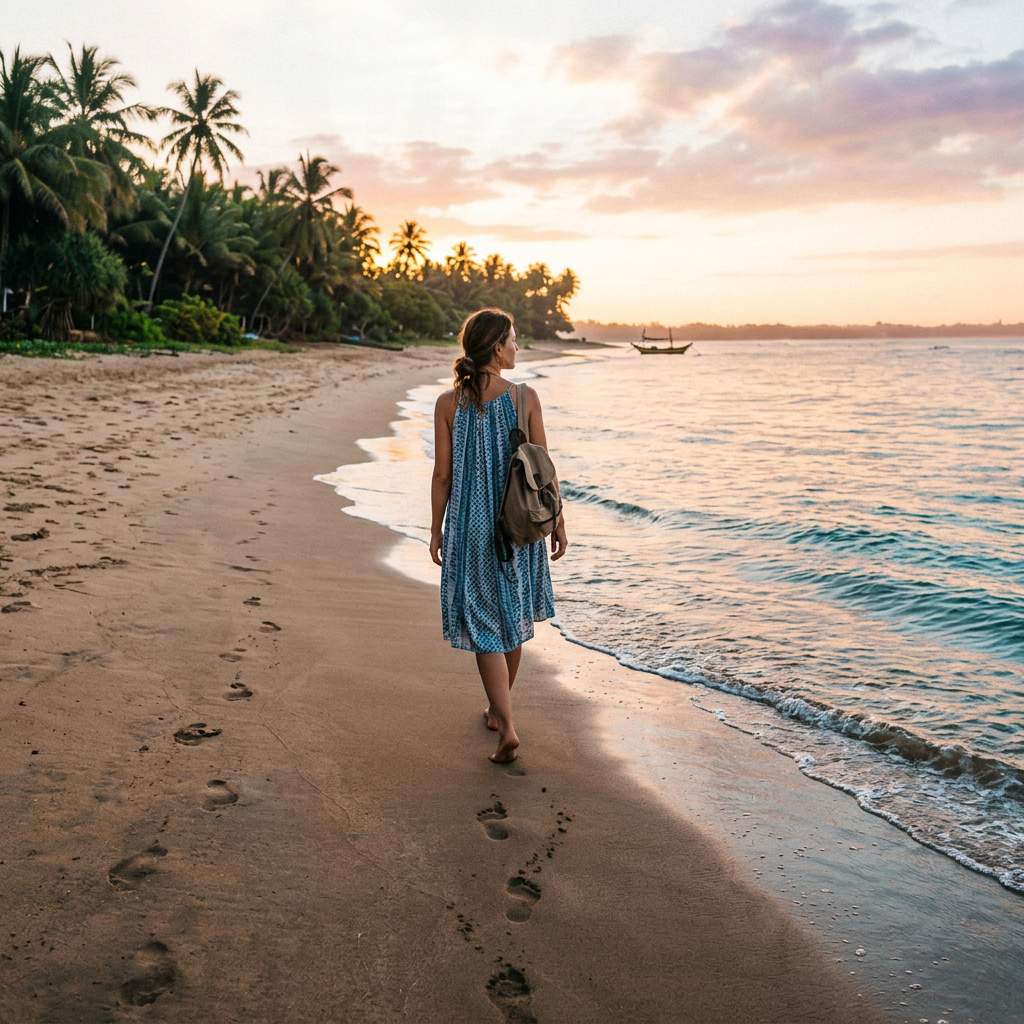 A woman walking confidently along a tropical beach at sunrise