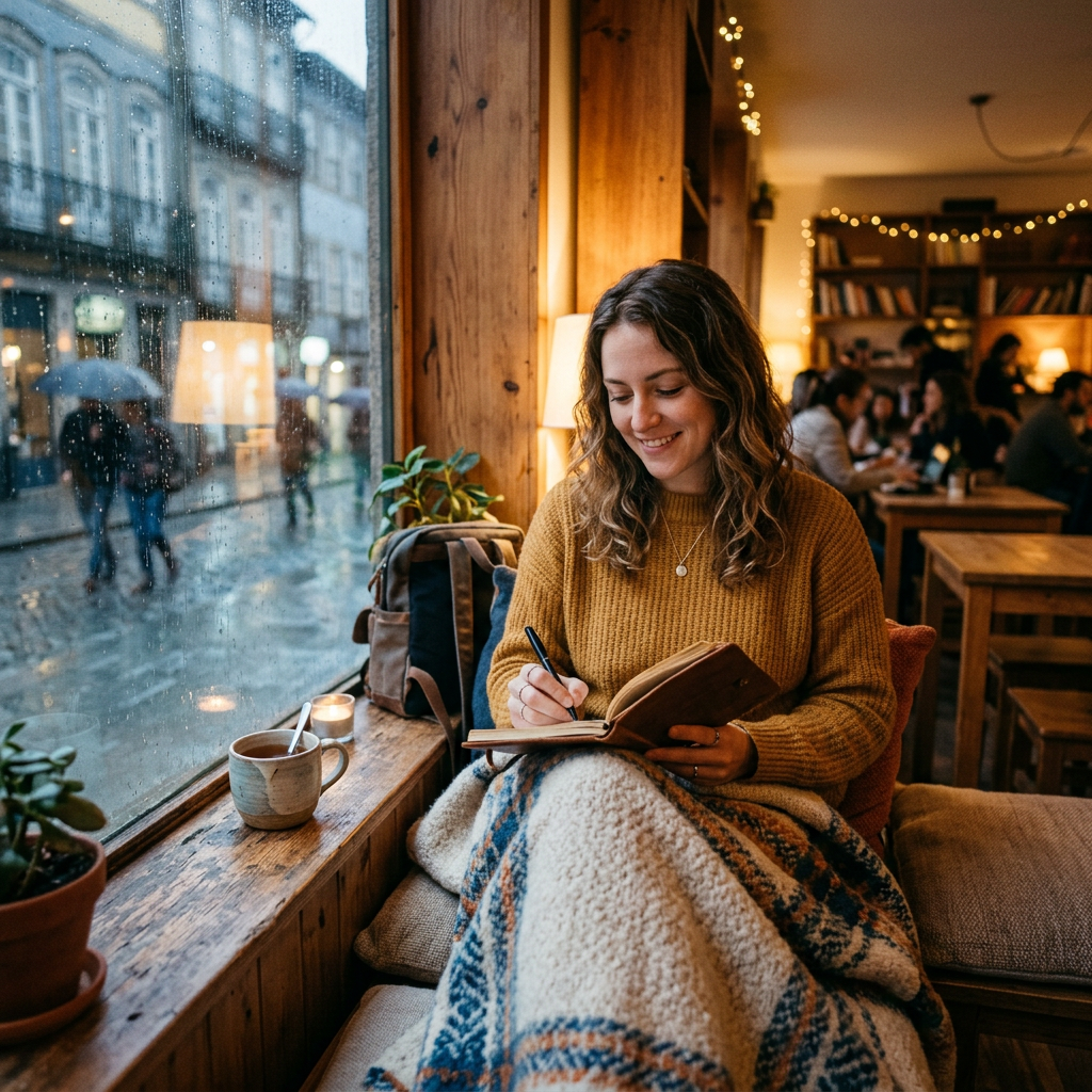 A woman journaling peacefully in a cozy window seat